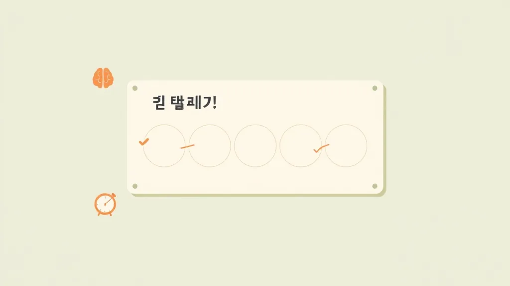 다섯 개의 빈 원이 흐르는 선으로 연결된 체크리스트 보드, 시계와 뇌 아이콘