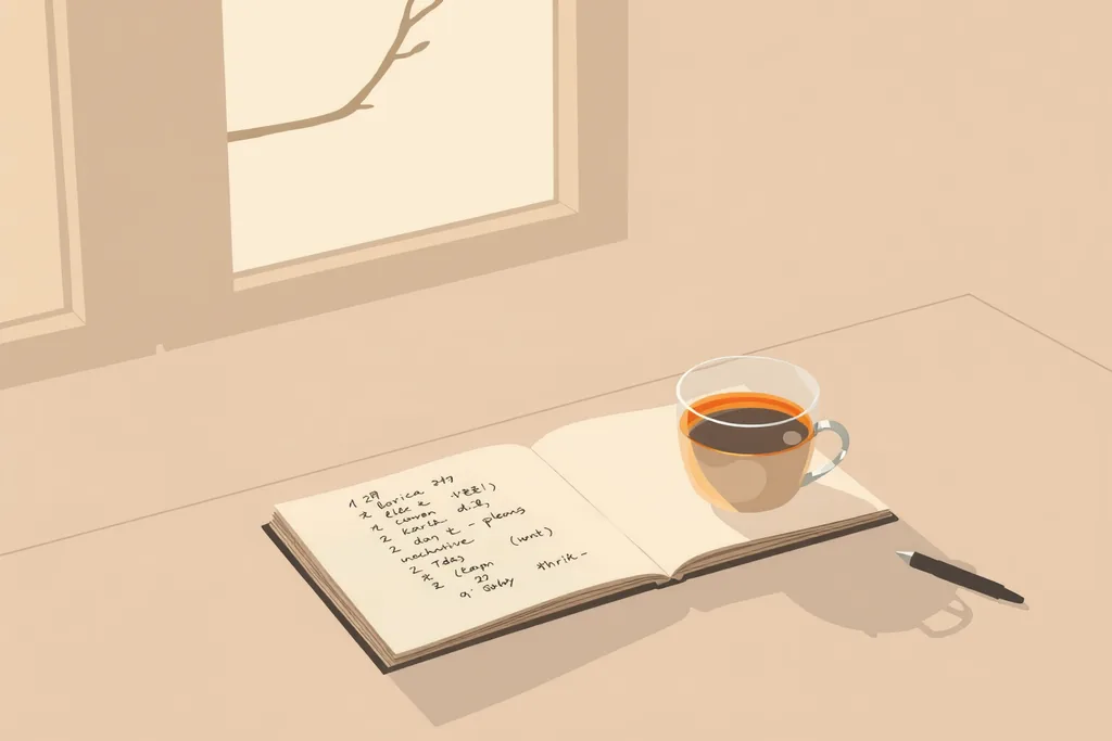 책상 위 열린 노트와 차 한 잔, 아침 햇살이 비치는 따뜻한 공간