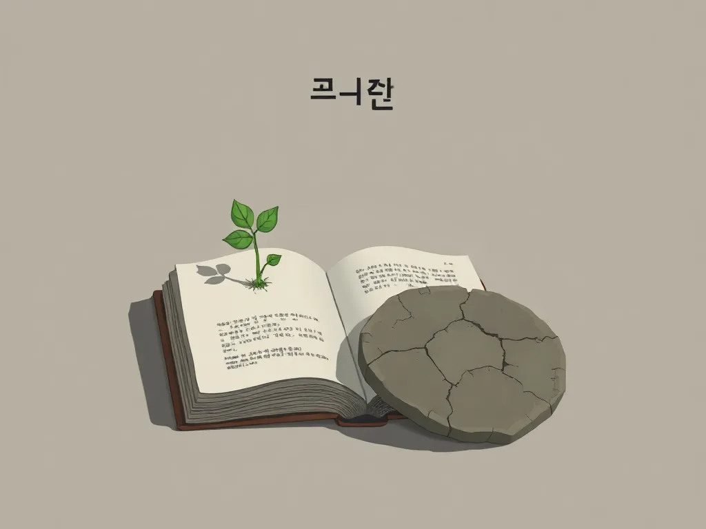 열린 책에서 자라나는 새싹과 옆에 놓인 갈라진 돌
