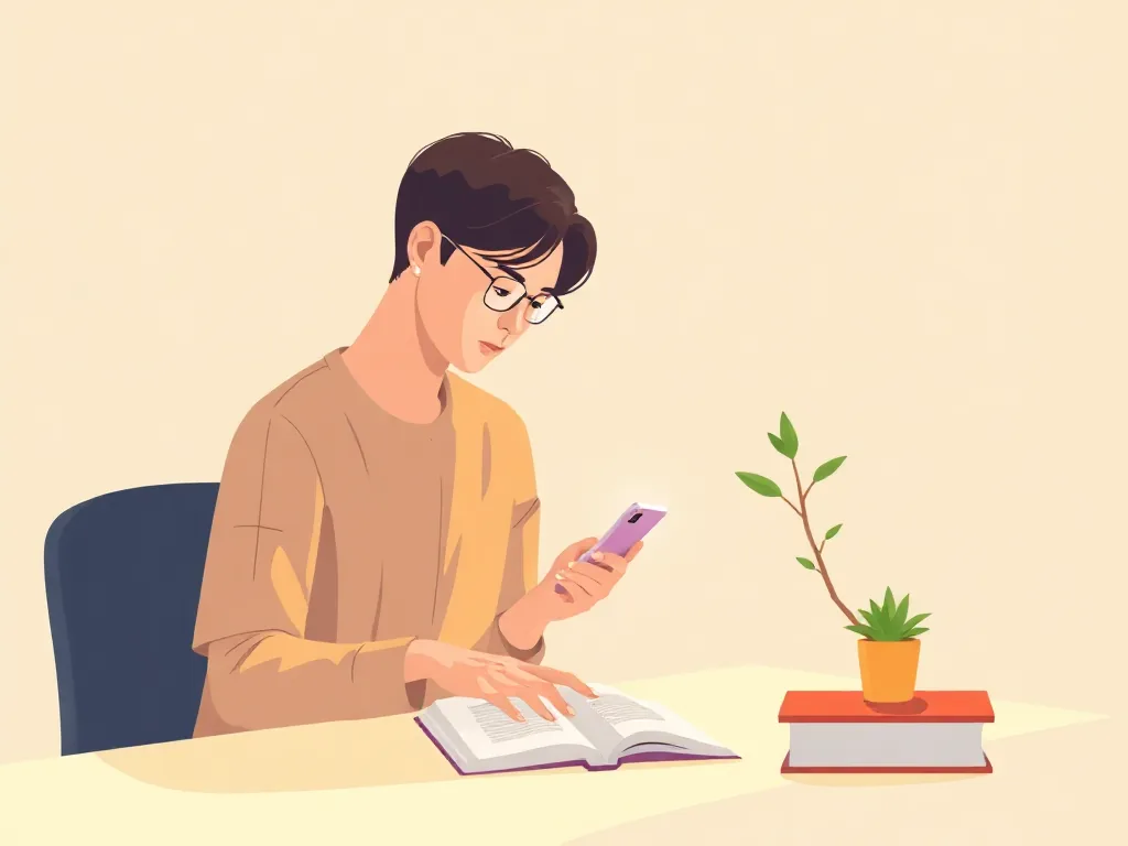 스마트폰 대신 책과 식물로 대체하는 사람 이미지