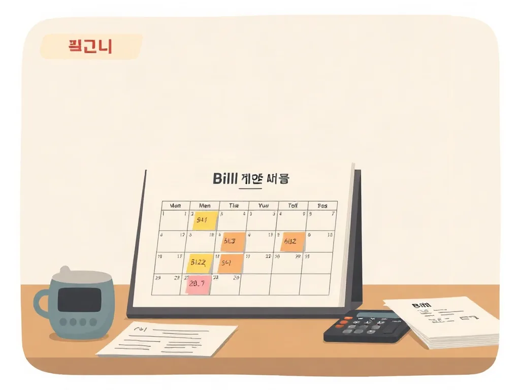 캘린더와 청구서를 정리한 책상 이미지