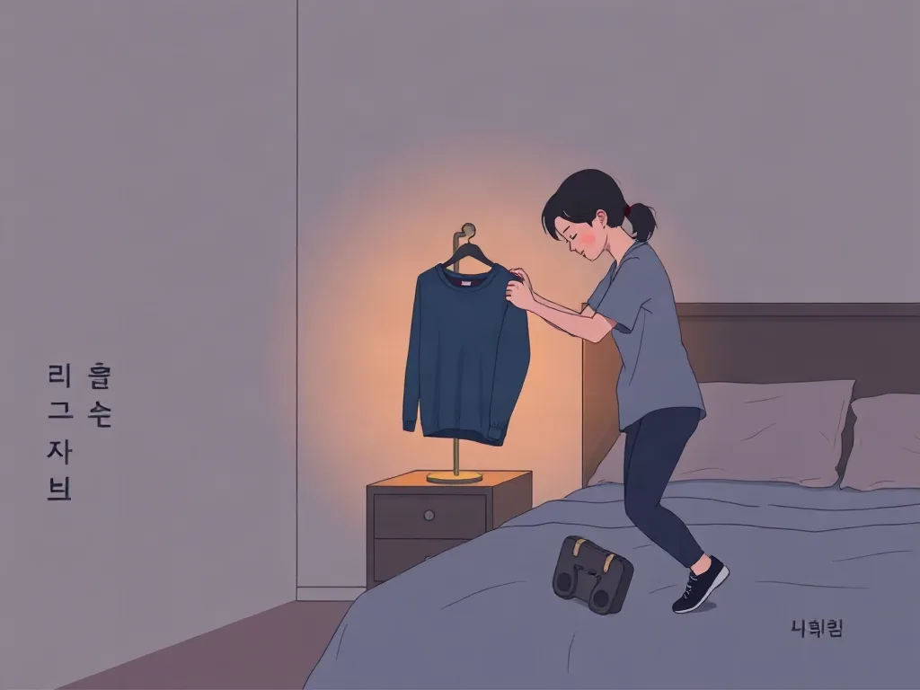 저녁 침대 옆 의자에 운동복을 걸쳐 두는 사람 일러스트