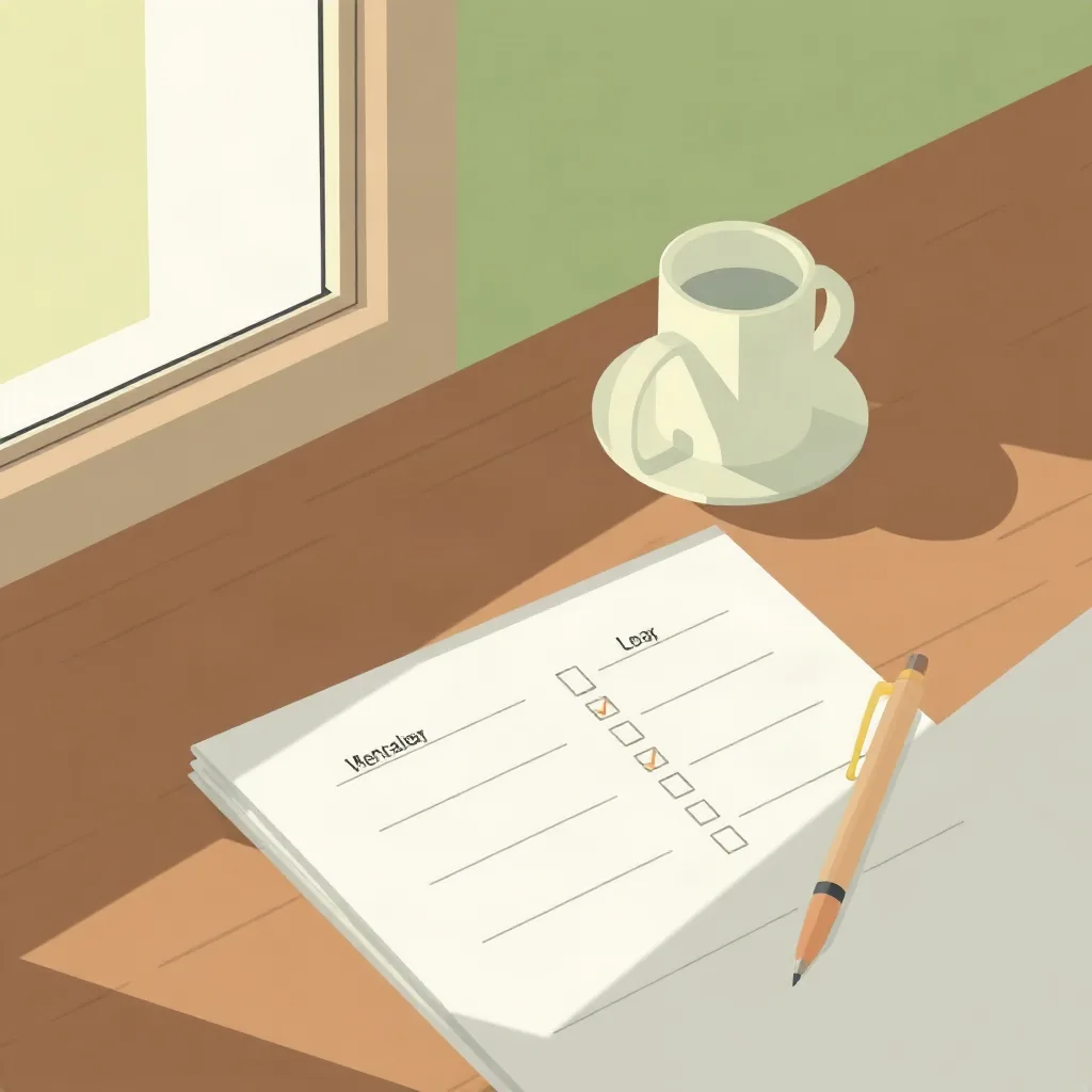 a simple weekly planner on a wooden desk with a checklist and a pen, morning sunlight casting long shadows, calm minimal illustration, soft green and cream tones