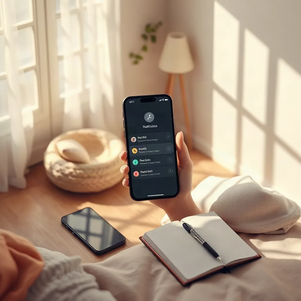 a hand switching off notification toggles on a smartphone screen, quiet cozy room with soft daylight, muted pastel tones