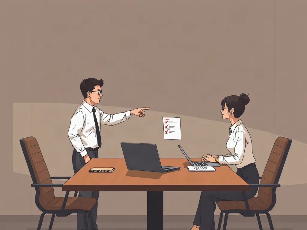 회의를 마치고 체크리스트를 확인하며 일어서는 두 직원의 일러스트