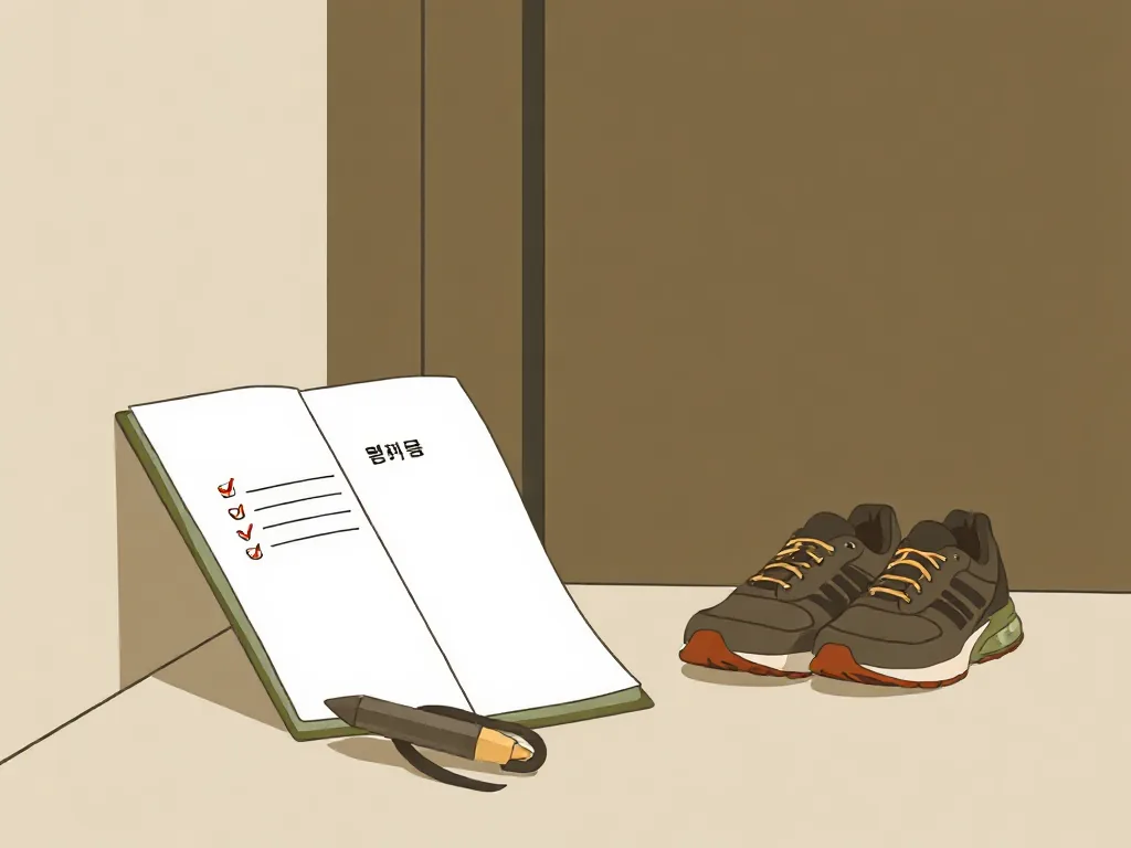 체크 표시가 된 플래너와 문 앞에 둔 운동화
