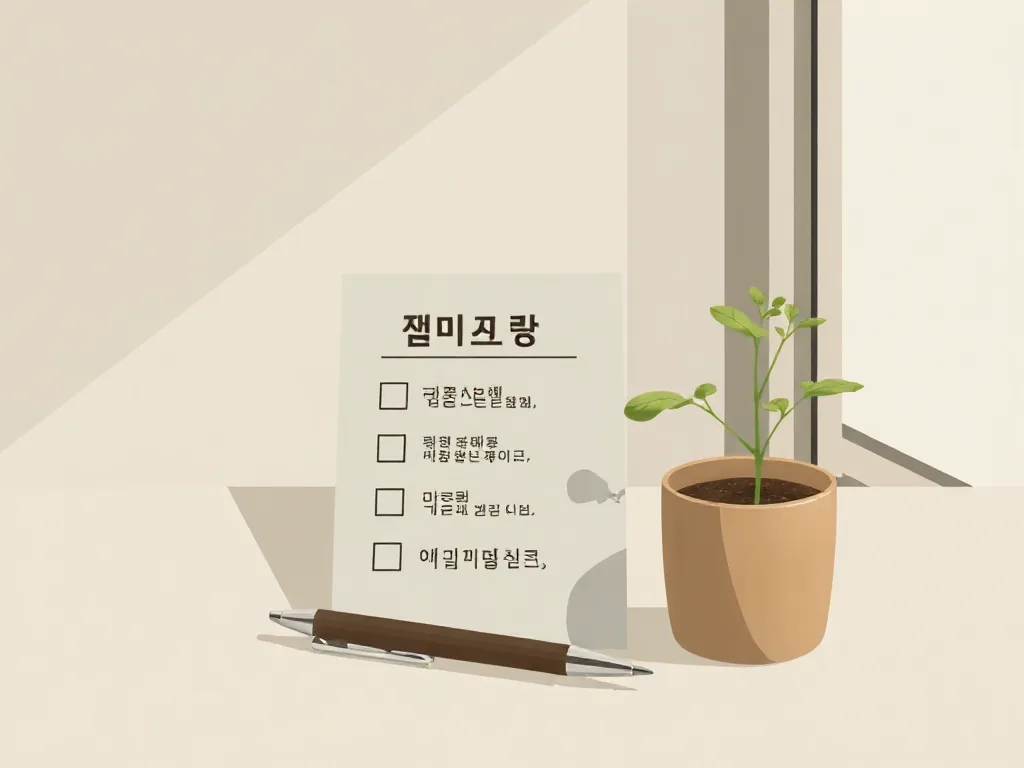 화분 위 작은 새싹과 볼펜, 네 단계 체크리스트 종이가 놓인 밝은 책상 일러스트
