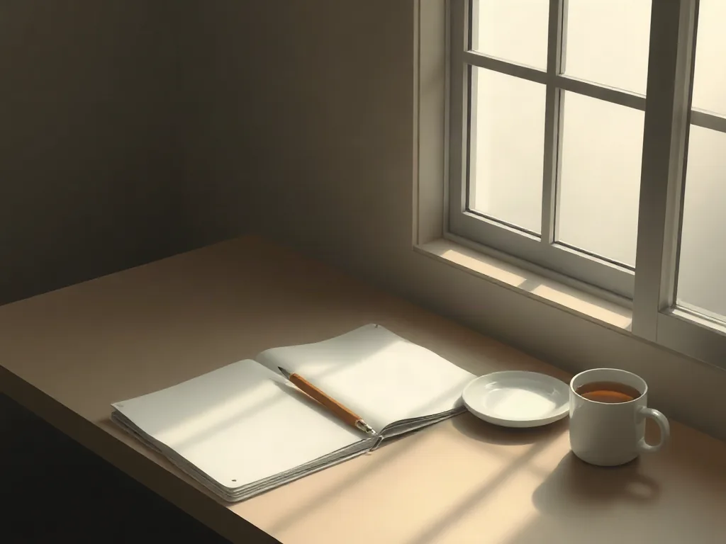 노트와 연필, 차 한 잔만 놓인 정돈된 미니멀 책상의 아침 풍경 일러스트