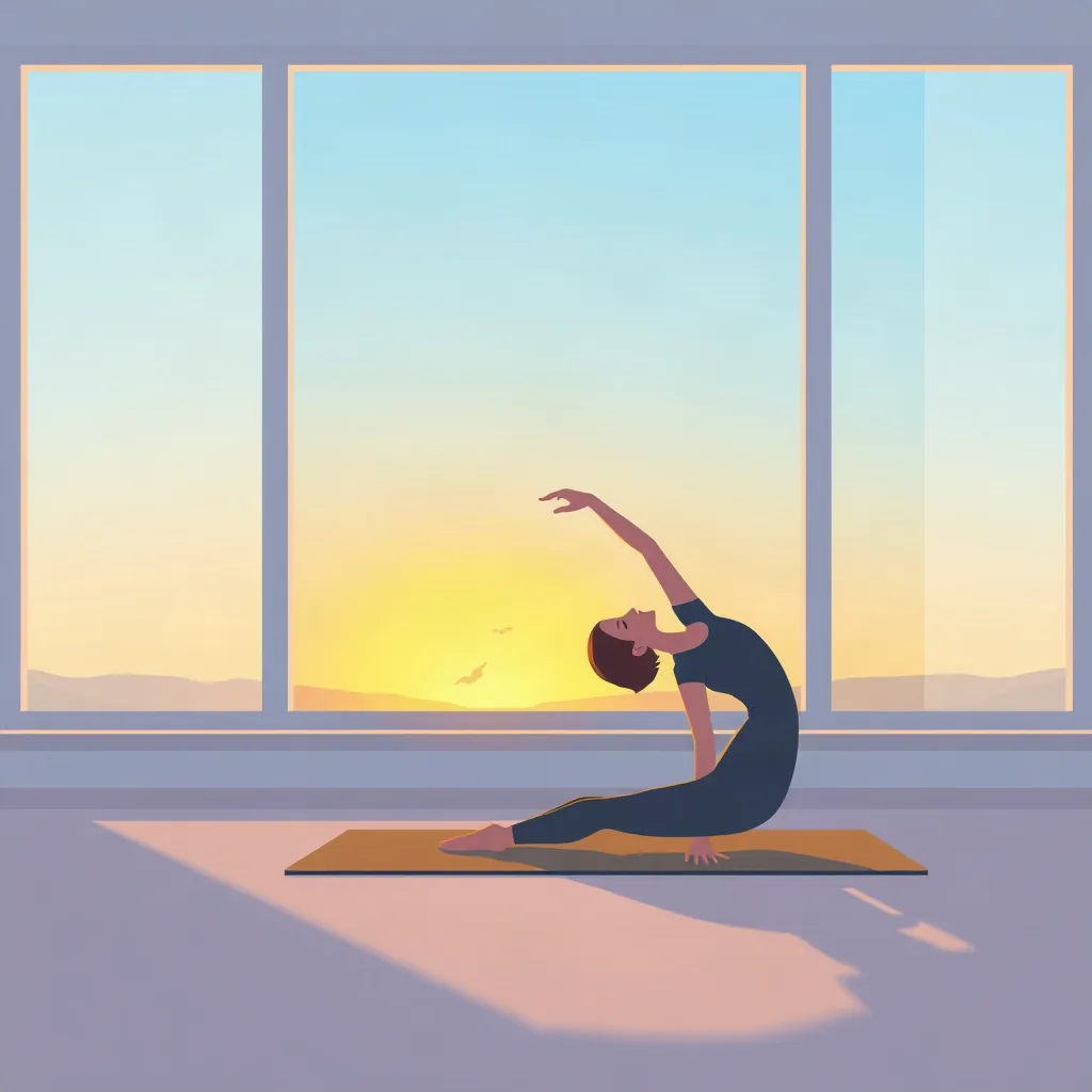 a person gently stretching on a yoga mat by a large window at dawn, soft blue and warm yellow light, peaceful atmosphere, minimal flat illustration