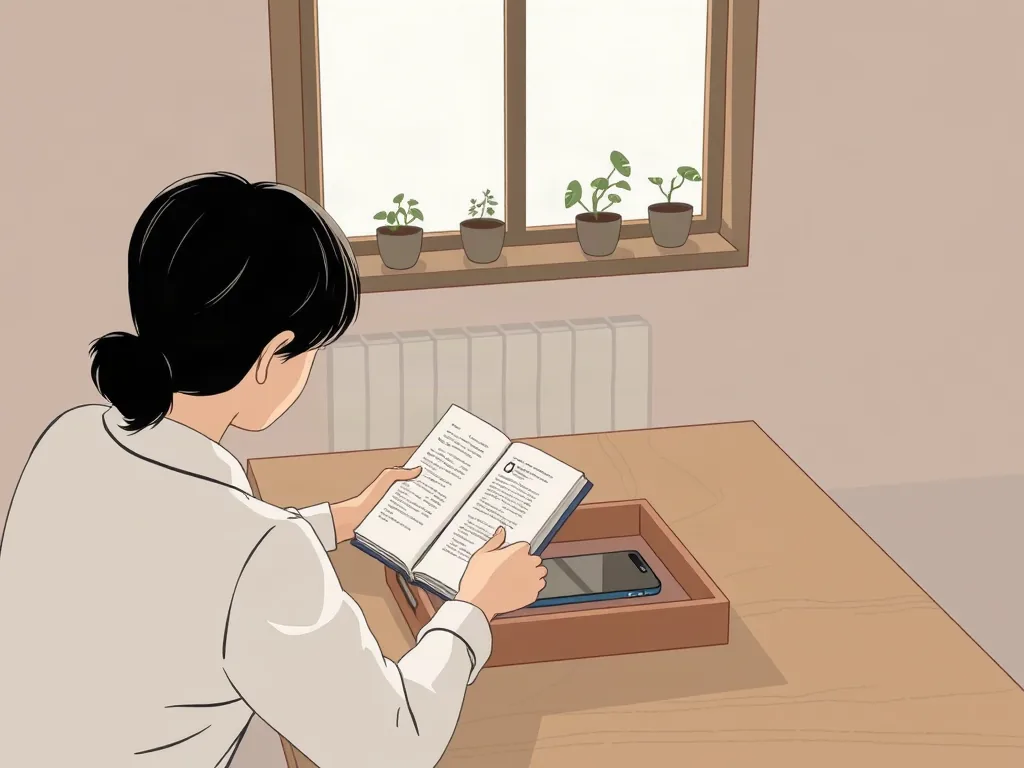 책상에서 종이책을 읽는 사람, 멀리 서랍 안에 엎어둔 스마트폰 일러스트