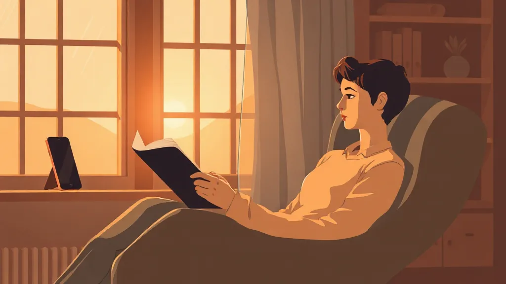 노을빛 창가에서 종이책을 읽는 사람, 멀리 선반 위에 두어진 스마트폰이 보이는 포근한 일러스트