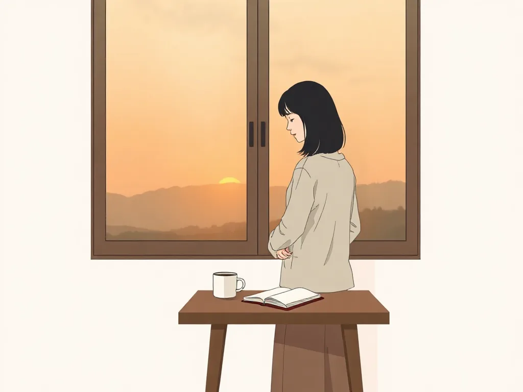 새벽 창가 옆 작은 탁자에 노트와 커피 한 잔을 둔 여성, 고요한 아침 분위기의 일러스트
