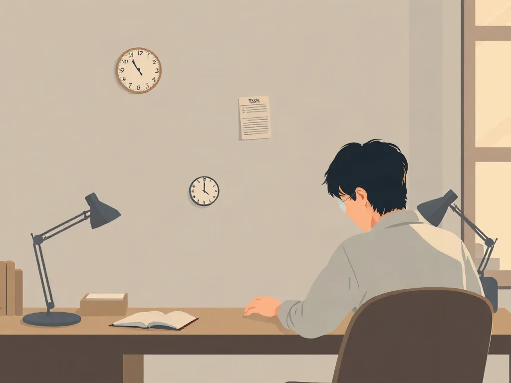 한 가지 할 일에 온전히 집중하는 사람과 희미해지는 시계·할 일 목록 일러스트