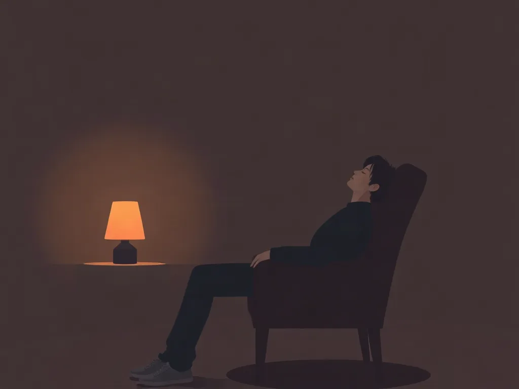어두운 방 등받이에 기대어 눈을 감은 사람의 뒷모습, 희미한 등잔불, 차분한 일러스트