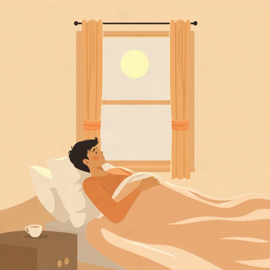 a person waking up by a bright window with golden morning light, a cup of warm tea on the nightstand, soft shadows, warm beige and amber tones, minimal flat illustration