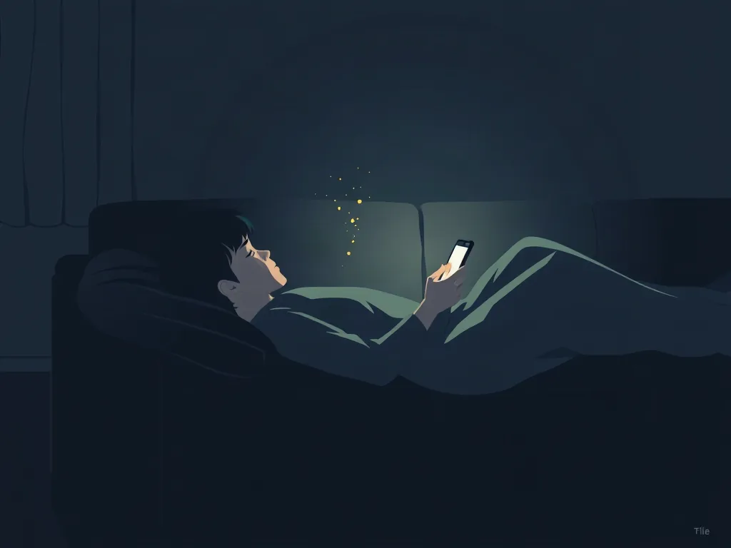 어두운 거실에서 밤늦게 스마트폰을 보며 빛의 파편이 머리로 스며드는 일러스트