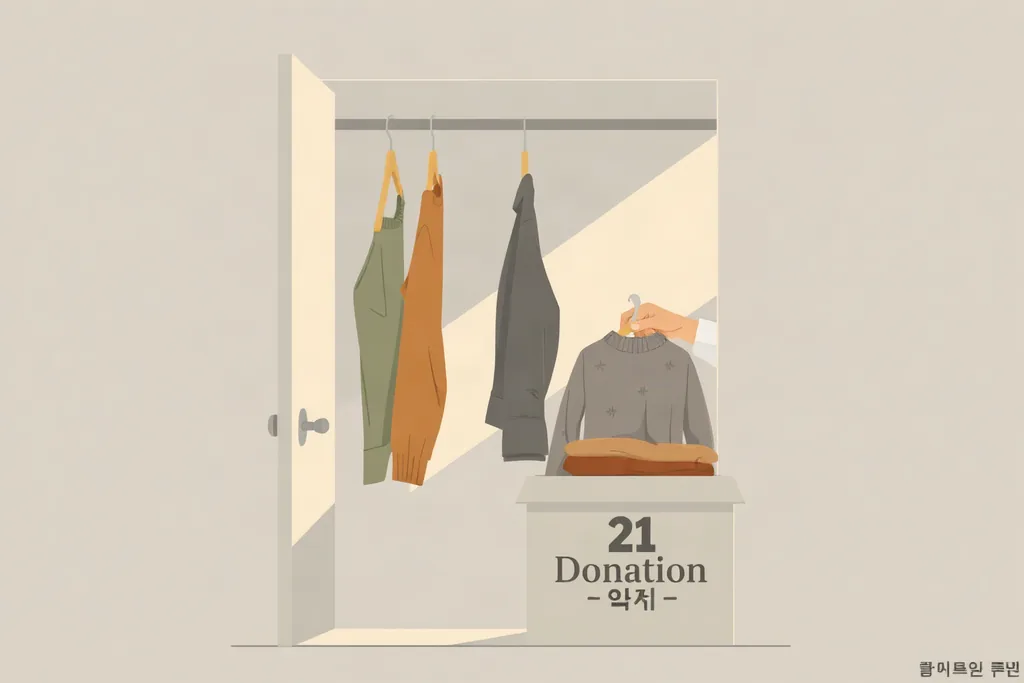 기부 상자에 옷을 정리하는 옷장 정리 장면