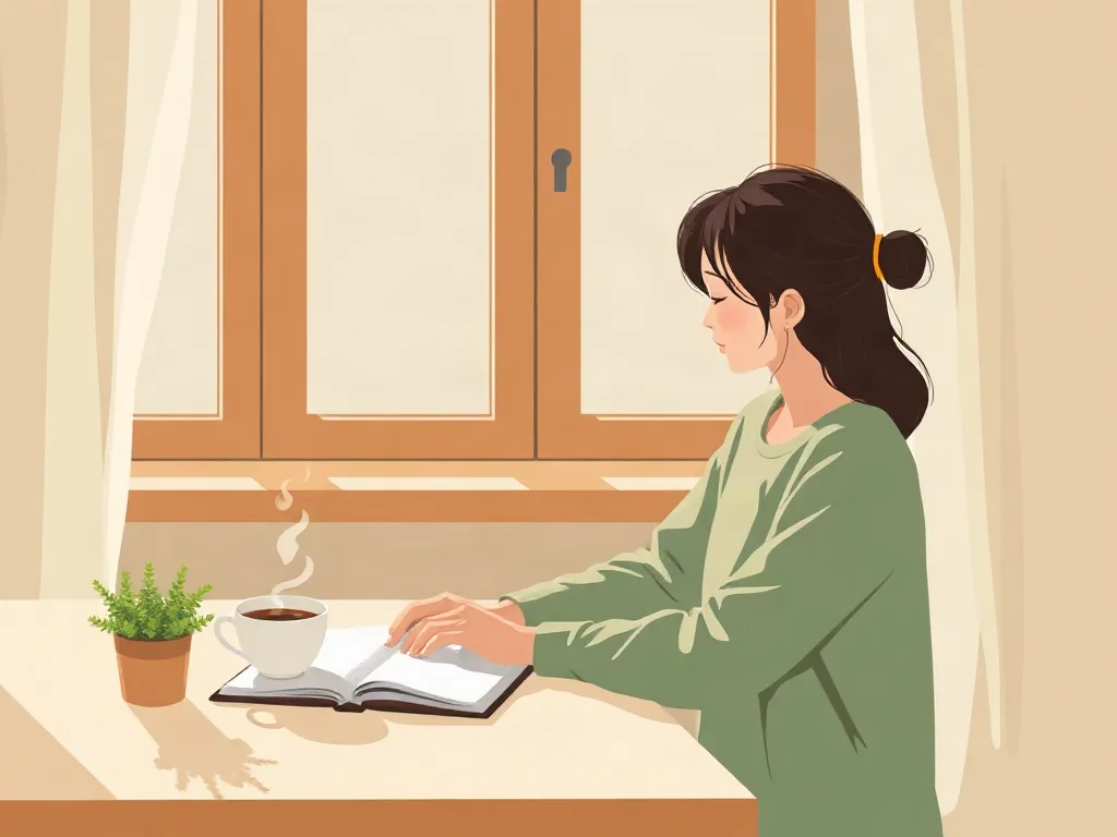 창가에서 여유롭게 아침 식사하는 모습 일러스트