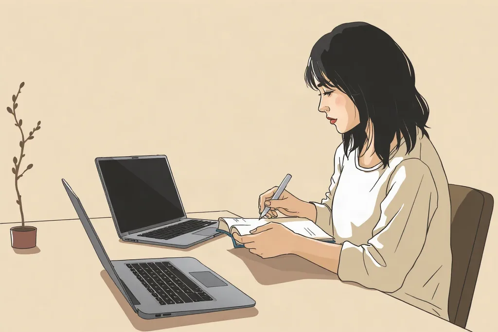 노트에 손으로 필기하는 사람과 책상 끝으로 밀어둔 노트북